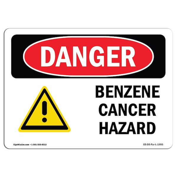 Safety Sign, OSHA Danger, 3.5" Height, 5" Width, Benzene Cancer Hazard, Landscape, 10PK